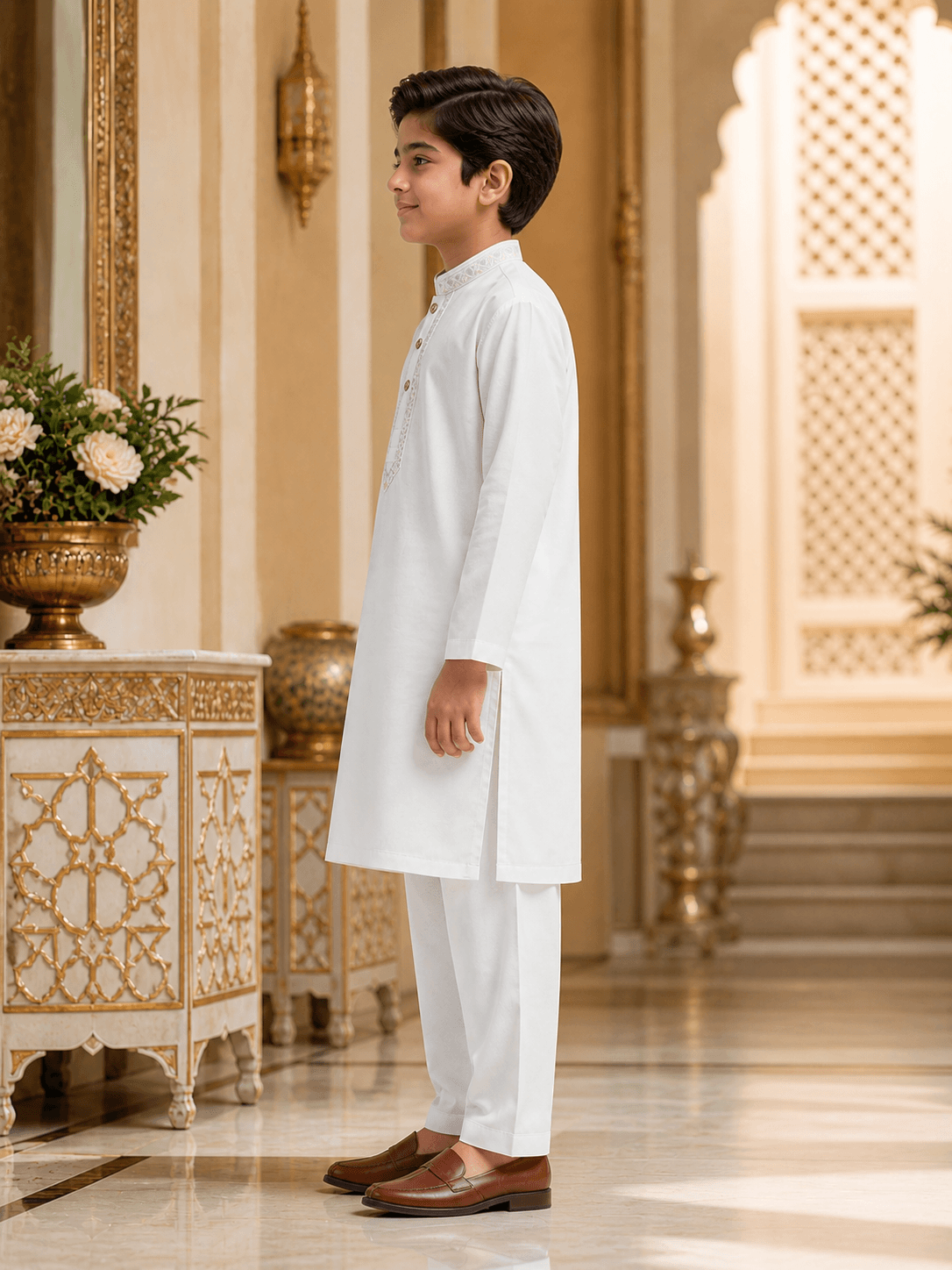 Classic White Embroidered Kurta Trouser Set for Boys
