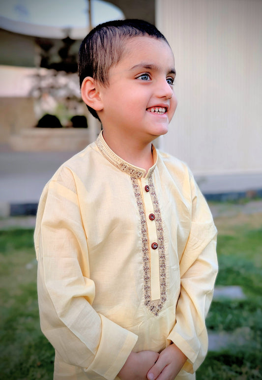 Little Rebels Premium Embroidered soft creamy Beige Kurta Pajama
