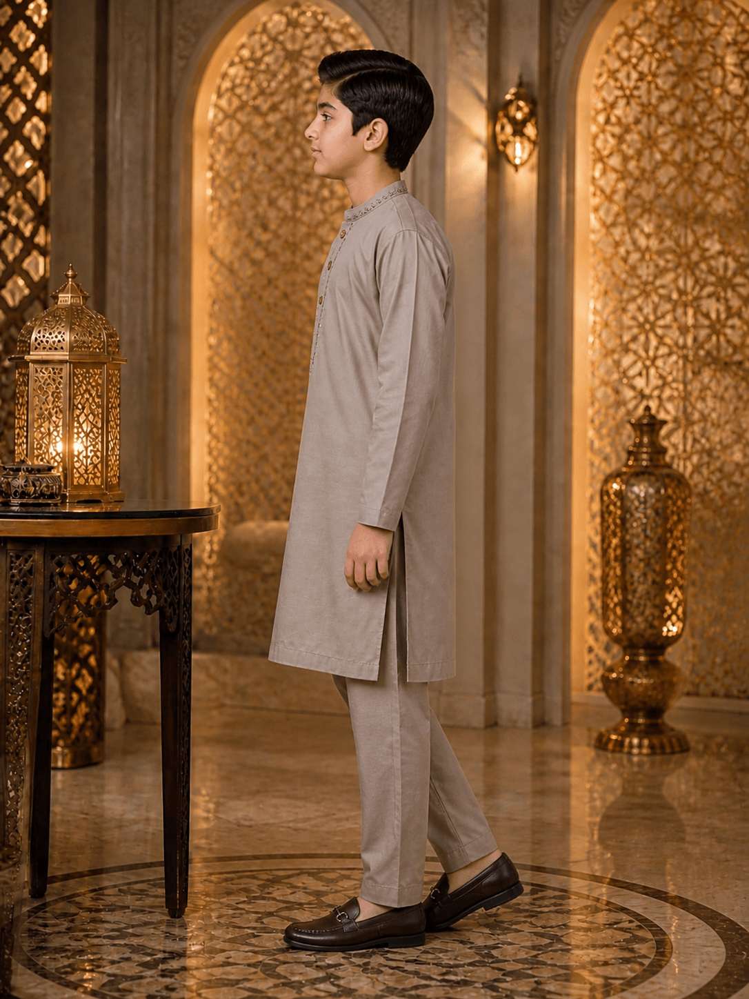 Premium Stone Beige Kurta Trouser Set For boys