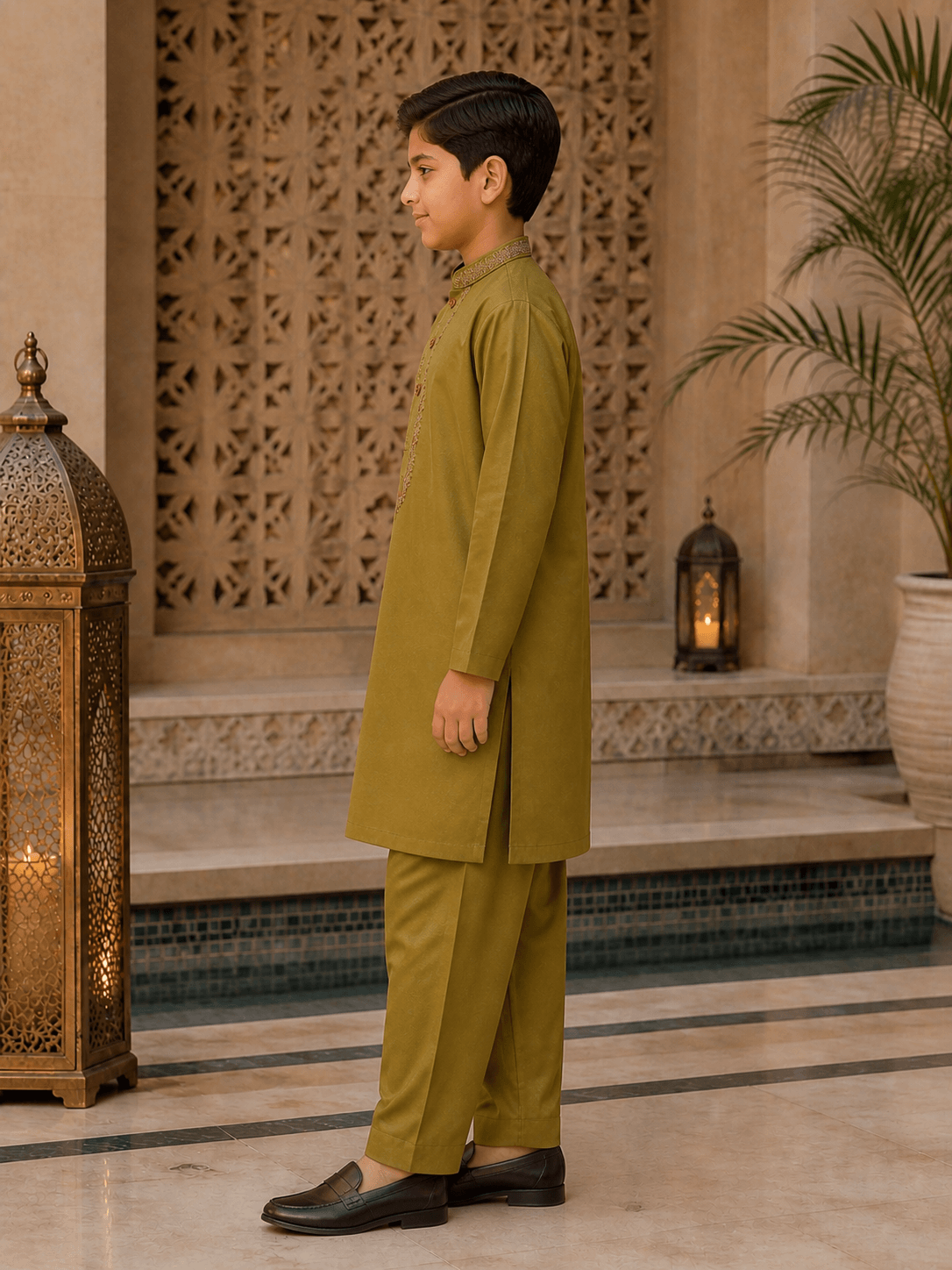 Premium Olive Green Kurta Trouser Set for boys
