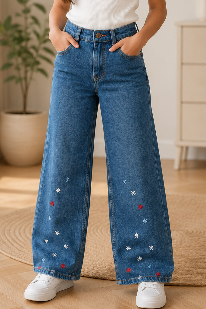Girls Embroidered Wide-Leg Denim Pant ✨