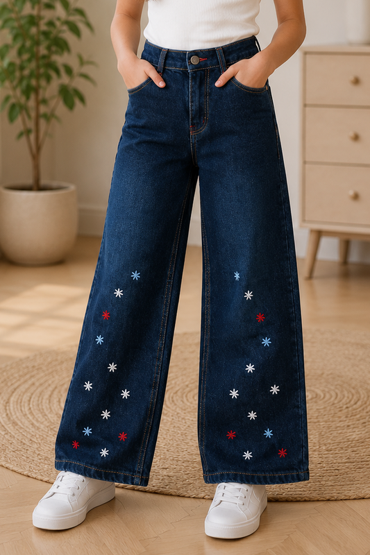 Girls Embroidered Wide-Leg Denim Pant ✨