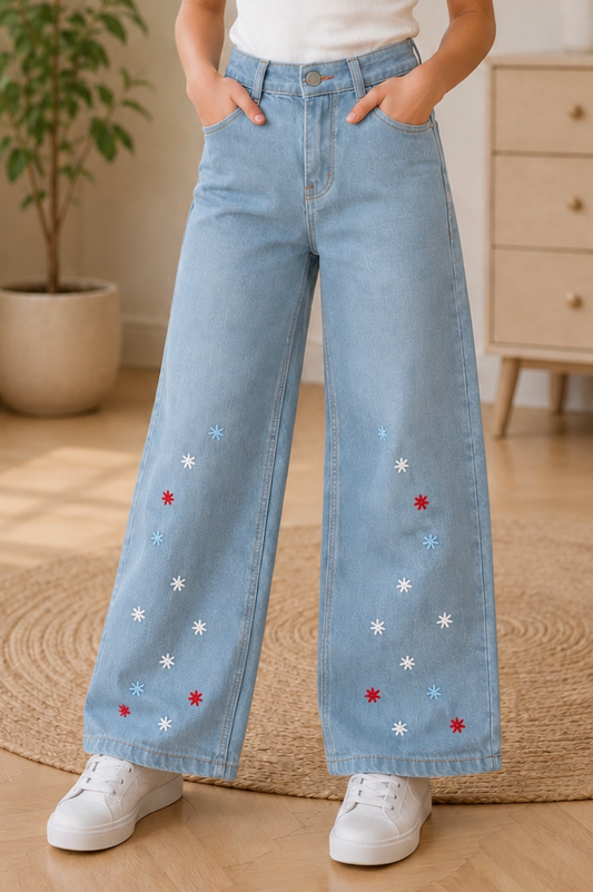 Girls Embroidered Wide-Leg Denim Pant ✨