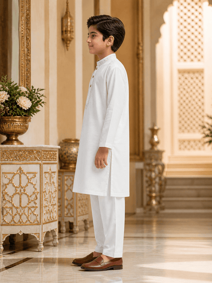 Classic White Embroidered Kurta Trouser Set for Boys