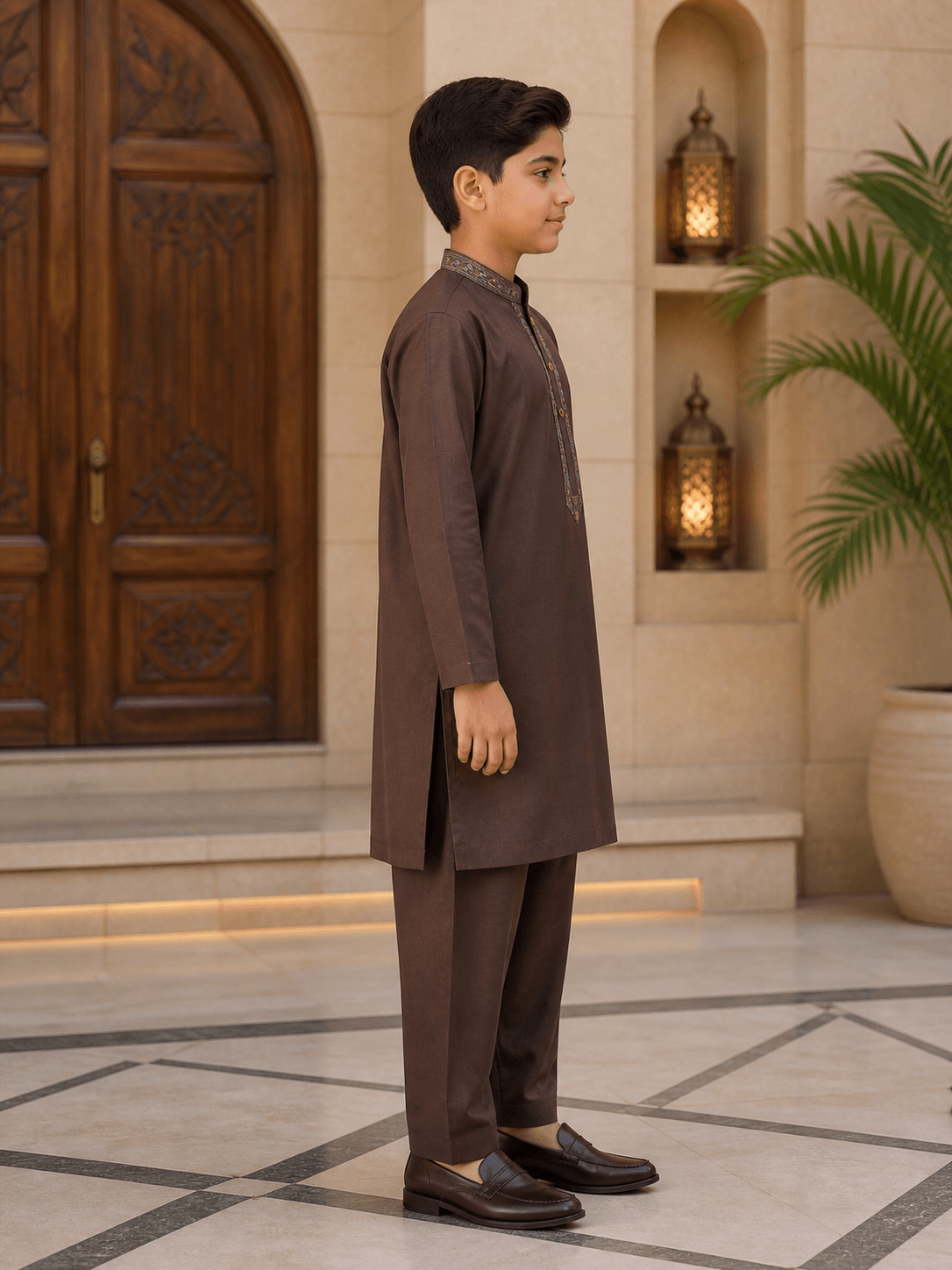 Royal Mocha Boys Kurta Shalwar Set
