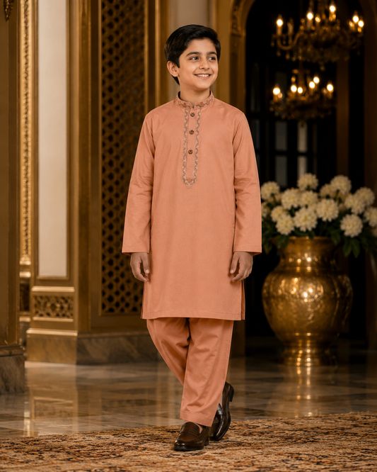Dusty PeachPremium Embroidered Kurta Trouser Set