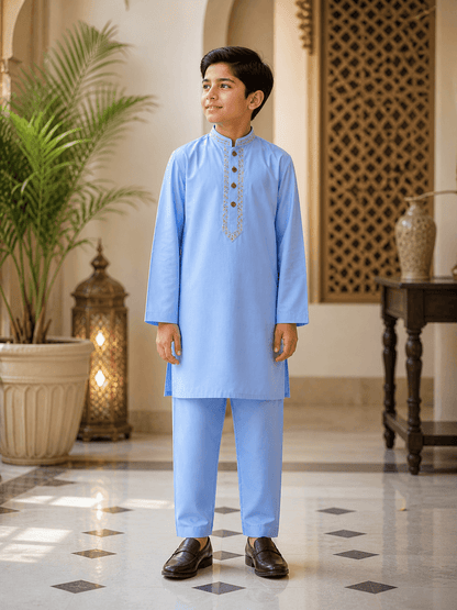 Sky Blue Embroidered Kurta Trouser Set for Boys