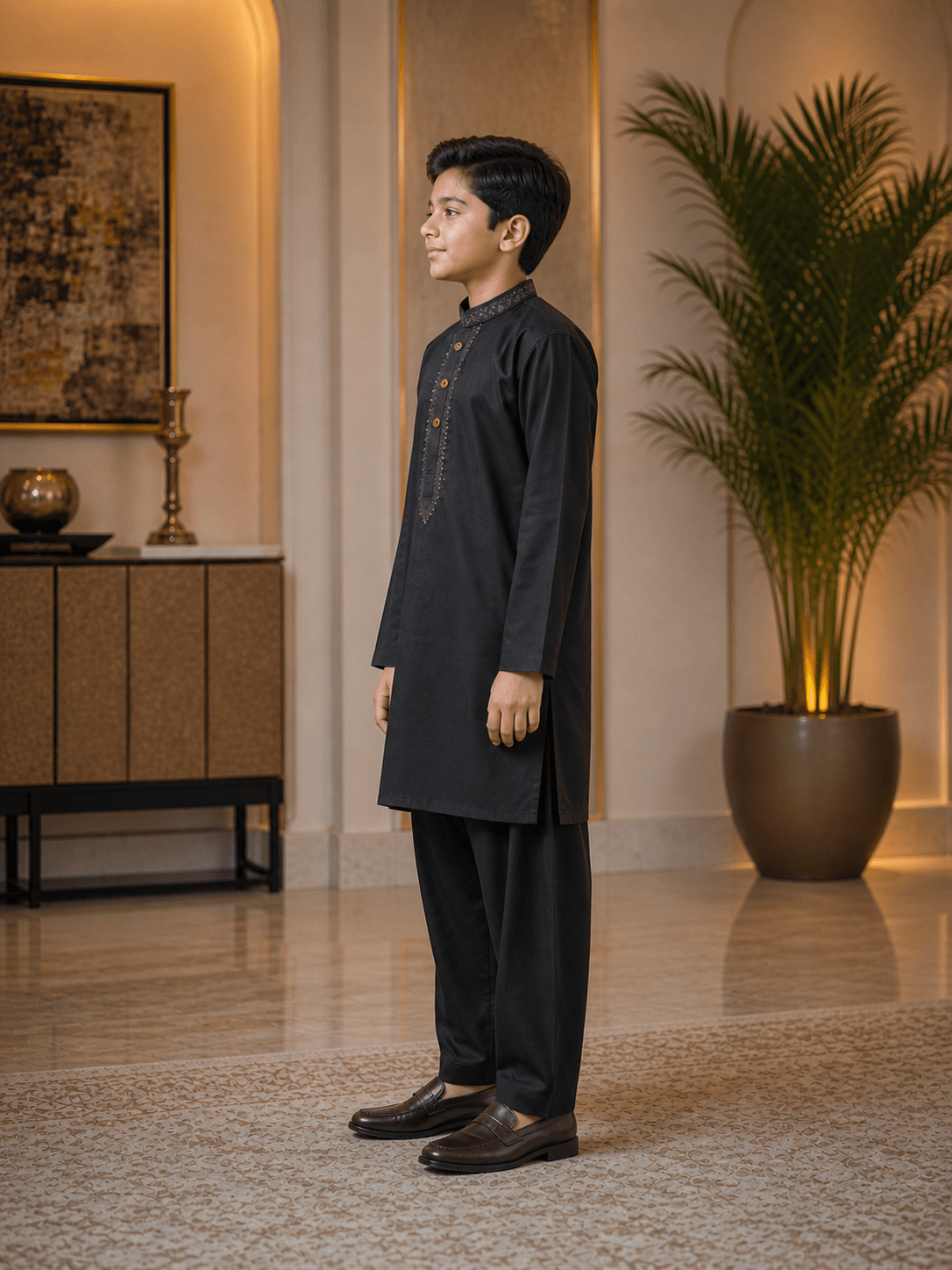 Midnight Black Embroidered Kurta Trouser Set for Boys