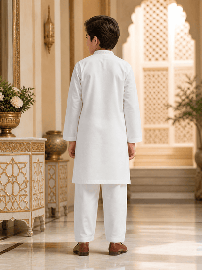Classic White Embroidered Kurta Trouser Set for Boys