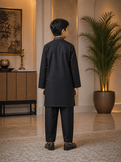 Midnight Black Embroidered Kurta Trouser Set for Boys