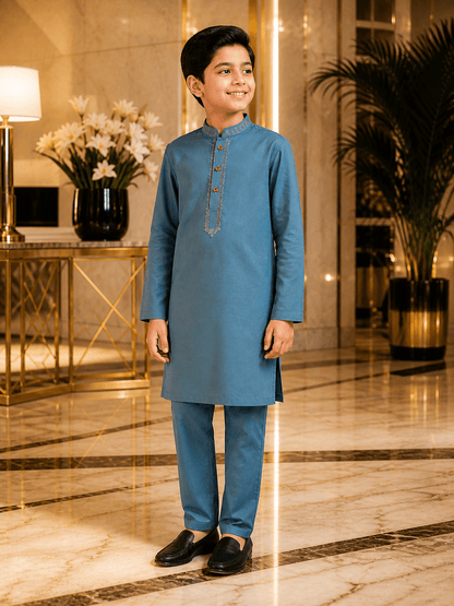 Royal Blue Embroidered Kurta Trouser Set for Boys