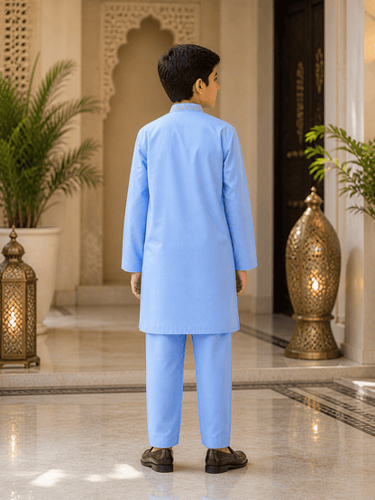 Sky Blue Embroidered Kurta Trouser Set for Boys
