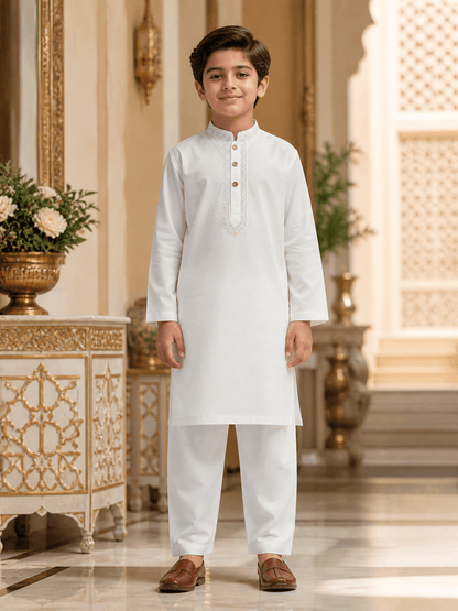 Classic White Embroidered Kurta Trouser Set for Boys