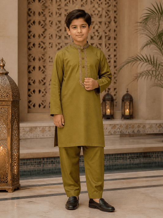Premium Olive Green Kurta Trouser Set for boys