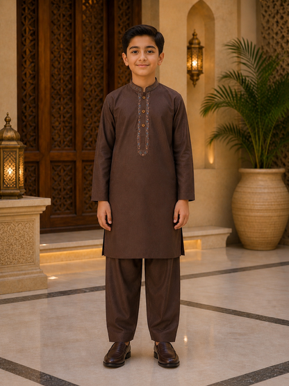 Royal Mocha Boys Kurta Shalwar Set