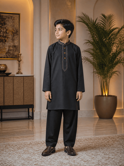 Midnight Black Embroidered Kurta Trouser Set for Boys