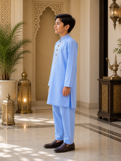 Sky Blue Embroidered Kurta Trouser Set for Boys