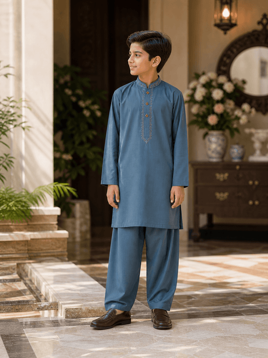 Royal Blue Embroidered Kurta Trouser Set for Boys